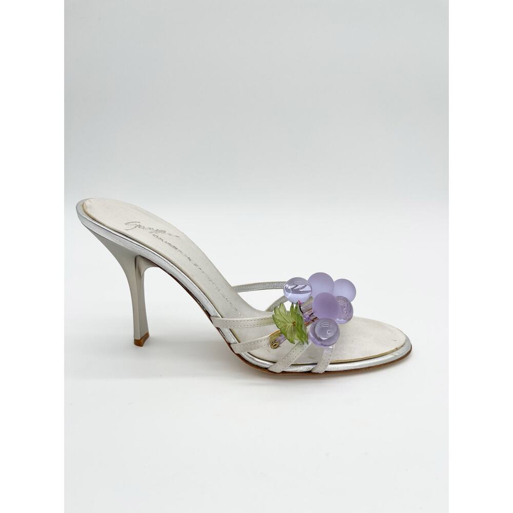 Giuseppe Zanotti Vintage Silver Satin Grape Embellished Mule Sandal Heels IT 38 - Picture 3 of 15